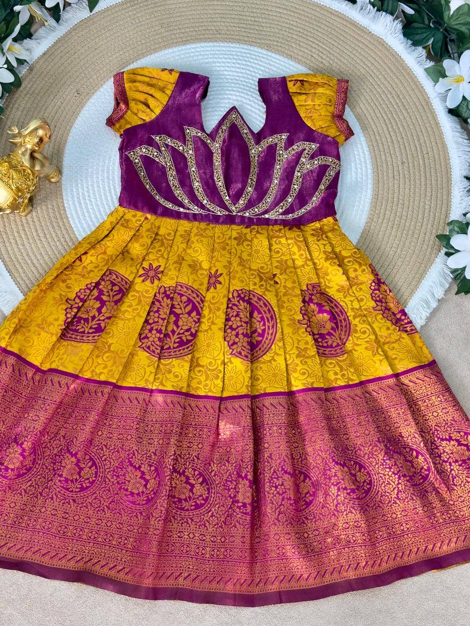 Lotus Frock Jaquard Silk Orange Kids garments market in Ahmedabad